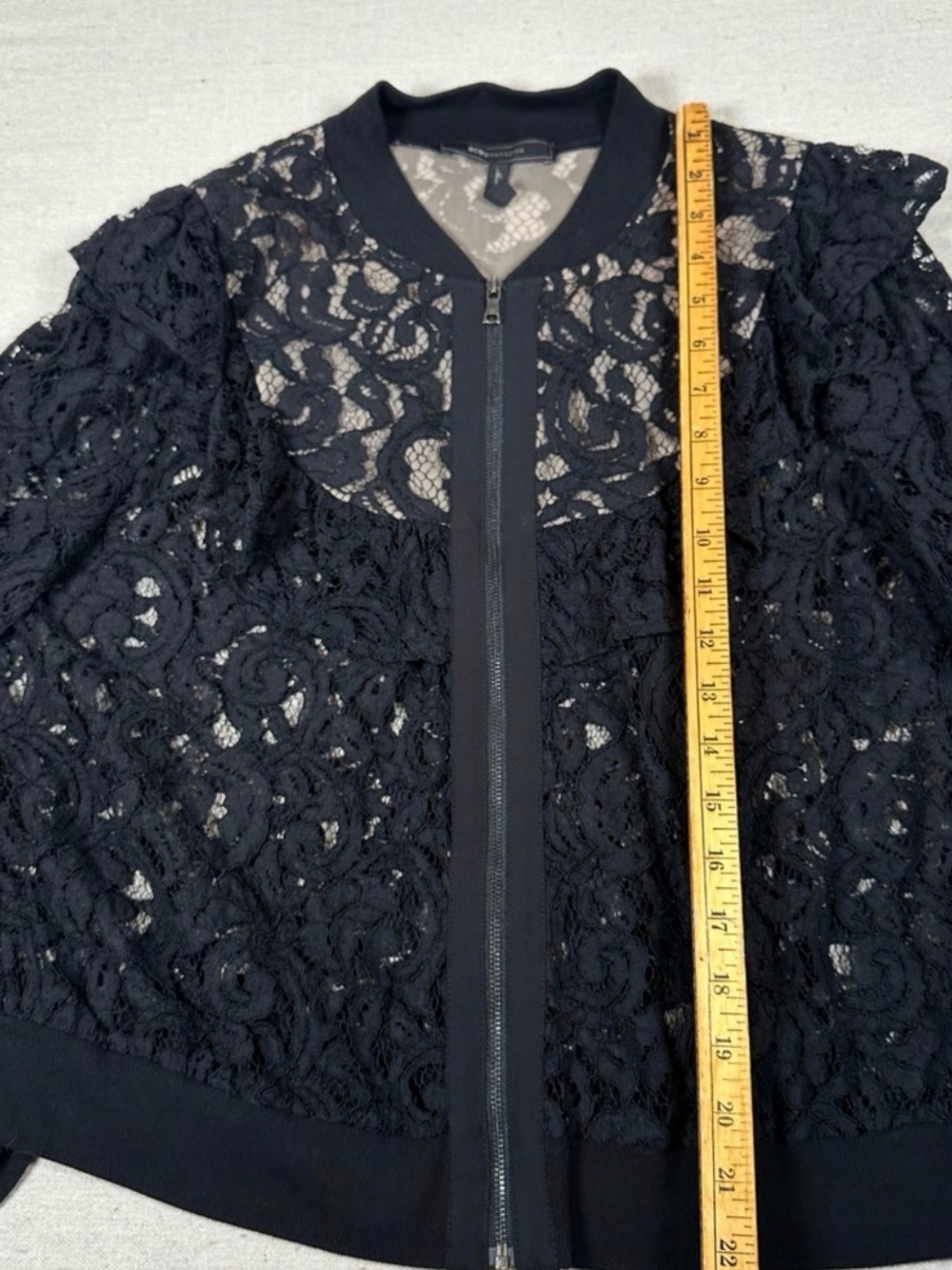 BCBGMAXAZRIA Black Floral Lace Ruffle Bomber Jacket Large Sheer Zip Whimsigoth - Picture 3 of 4
